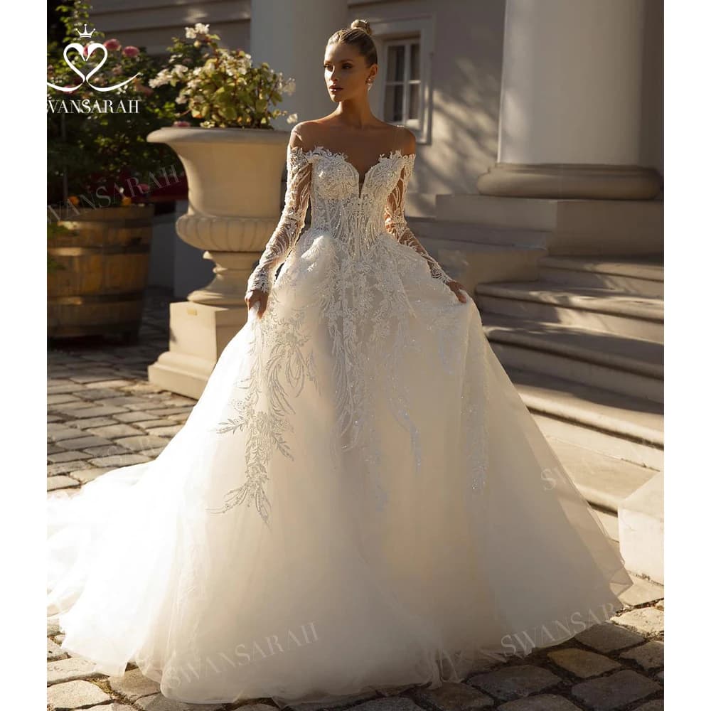 Robe De mariée à manches longues, ligne a, dos nu, avec des Appliques, robe De plage, princesse Swan