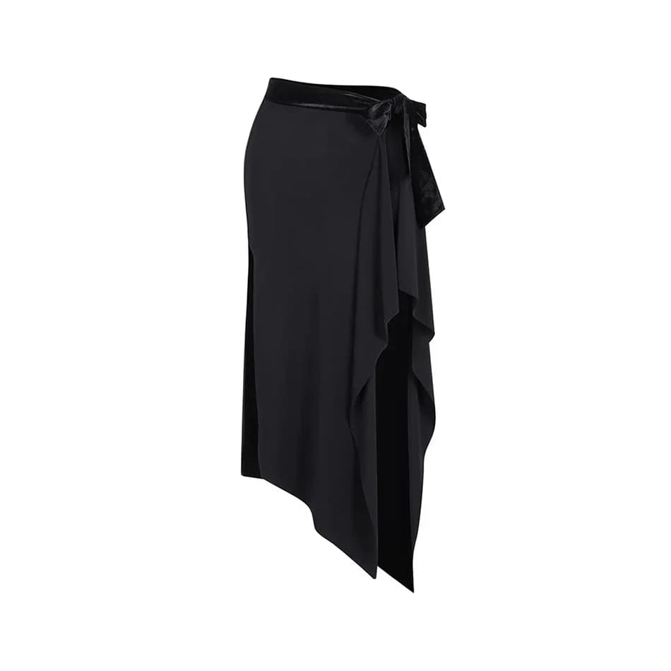 Robe de danse latine noire pour femmes avec ceinture et jupe irrégulière, olympiques latins pour fem