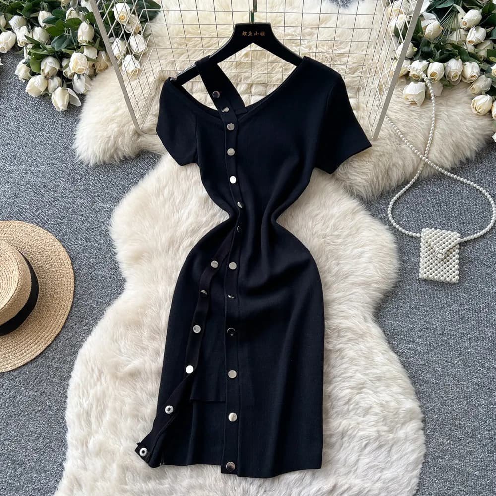 Robe Courte Femme Tricotée Sexy Y2K Streetwear Col V Moulante Élégante Épissée Soirée Travail Coupe 