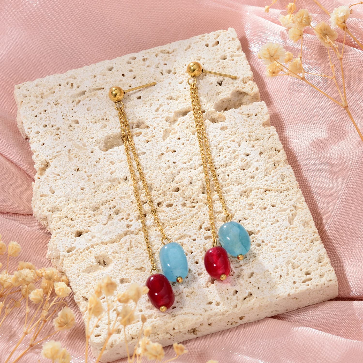 Boucles d'oreilles longues élégantes avec pendentif en pierre colorée, bijoux en acier inoxydable, b