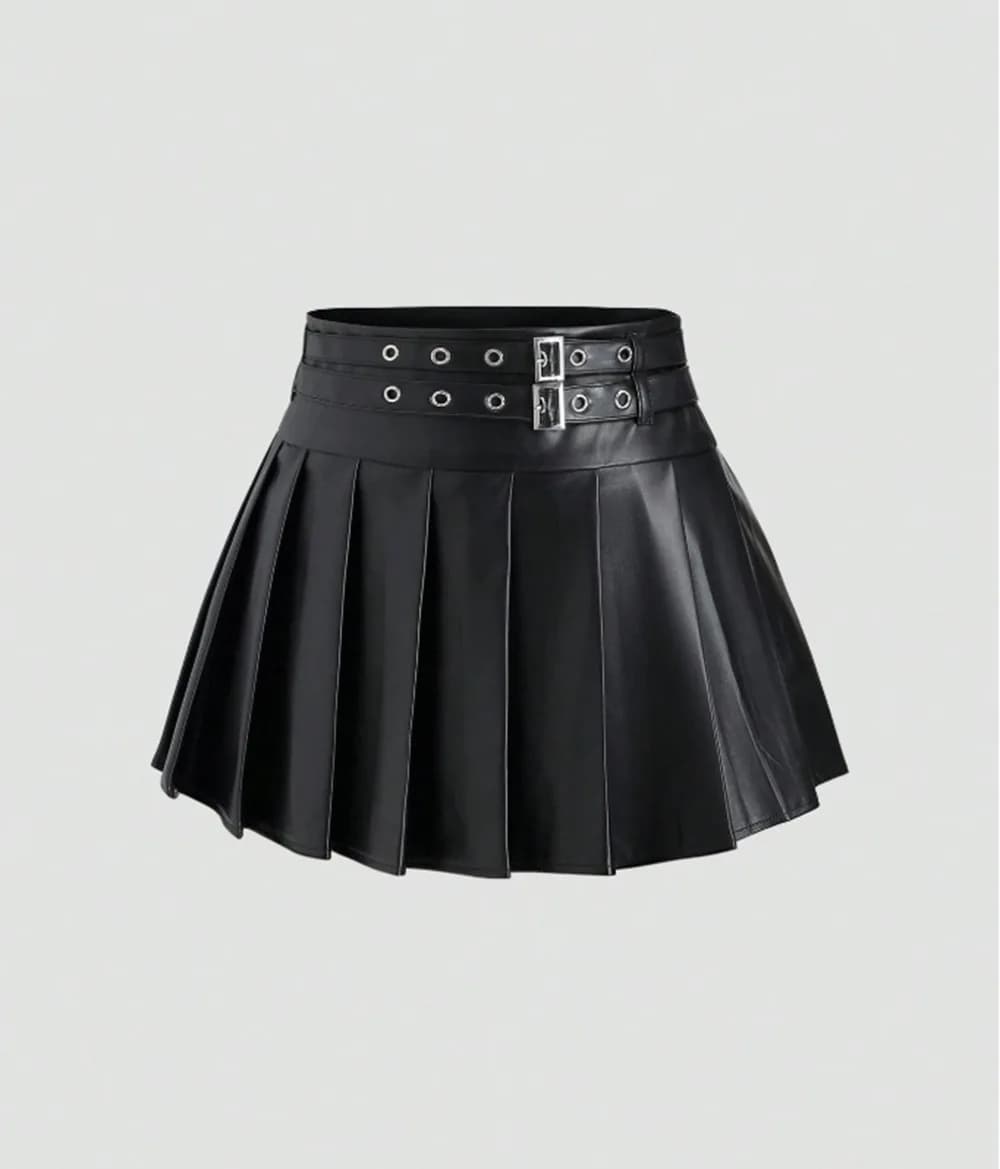 Nouvelle jupe plissée trapèze taille haute en similicuir noir pour femme 2026