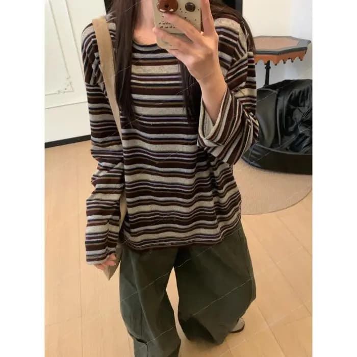 T-shirt ample à manches longues et col rond rayé pour femme – Nouvelle collection printemps-automne 