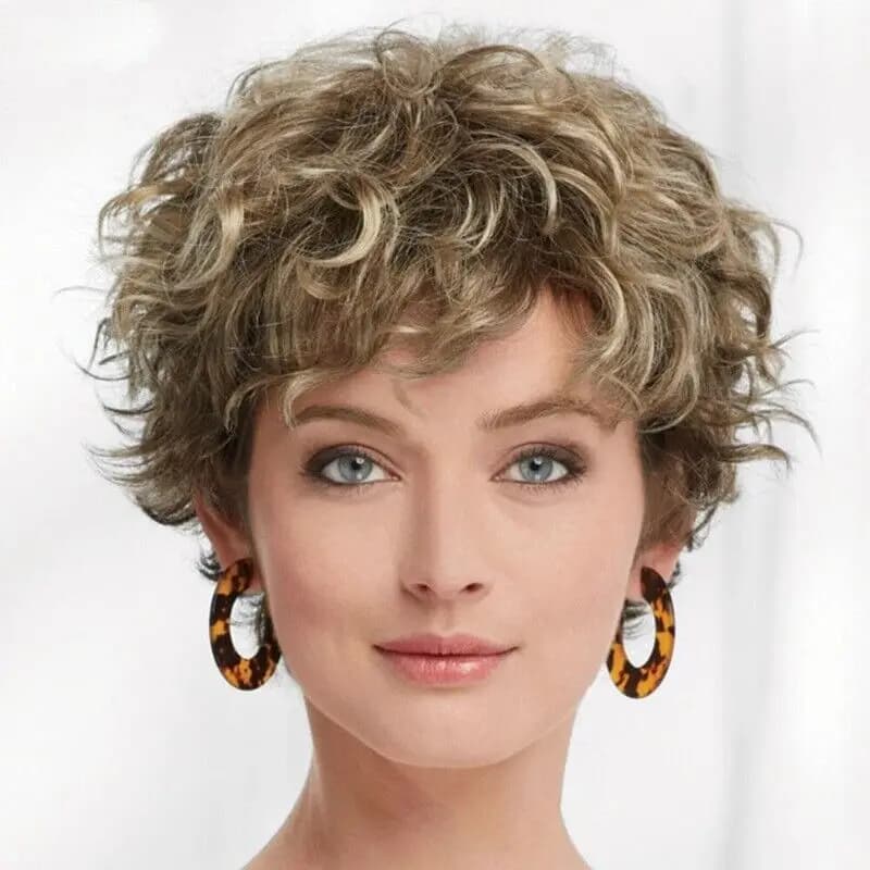 Dames perruque naturel court fille bouclés cheveux ondulés perruques femmes pleine perruque + bonnet