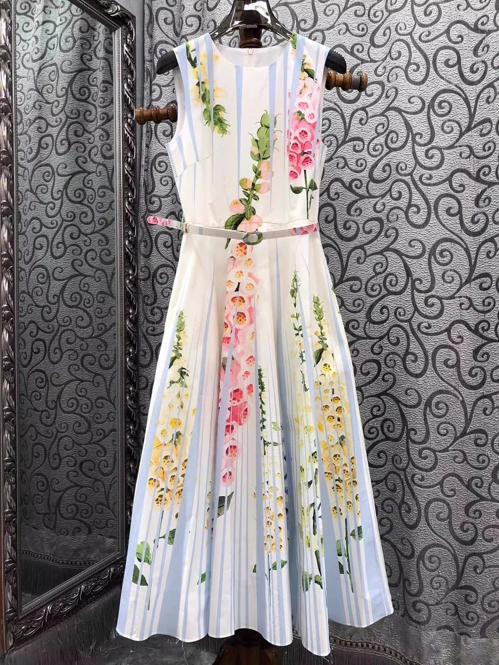 Robe longue de haute qualité, nouvelle collection été 2026, style féminin, imprimé floral bleu rayé,