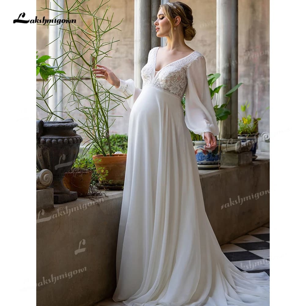 Robe de mariée de maternité gracieuse, col en v, manches longues, robe de mariée de maternité à lace