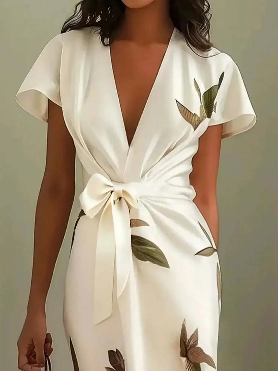 Robe portefeuille mi-longue élégante à imprimé Floral pour femmes, col en v, manches courtes, cravat