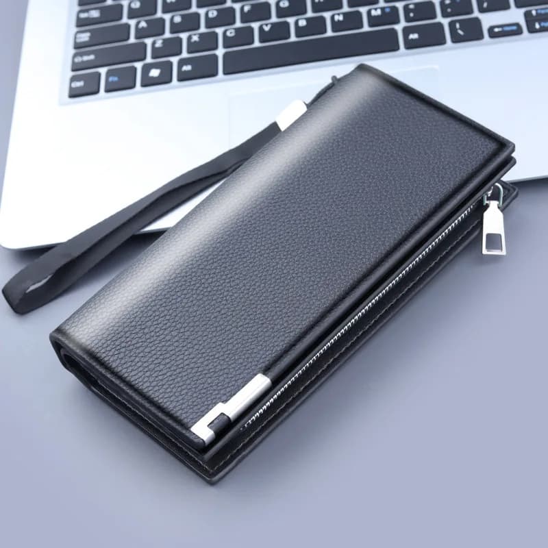 Pochette longue en matériau PU pour homme, fermeture éclair, moraillon, sac pour téléphone portable,