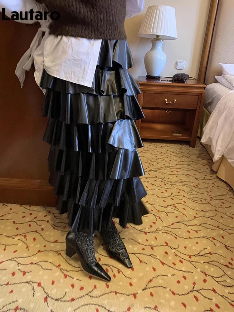 Lautaro-Jupe mi-longue en cuir PU noir pour femme, jupe à plusieurs niveaux avec élastique, taille h
