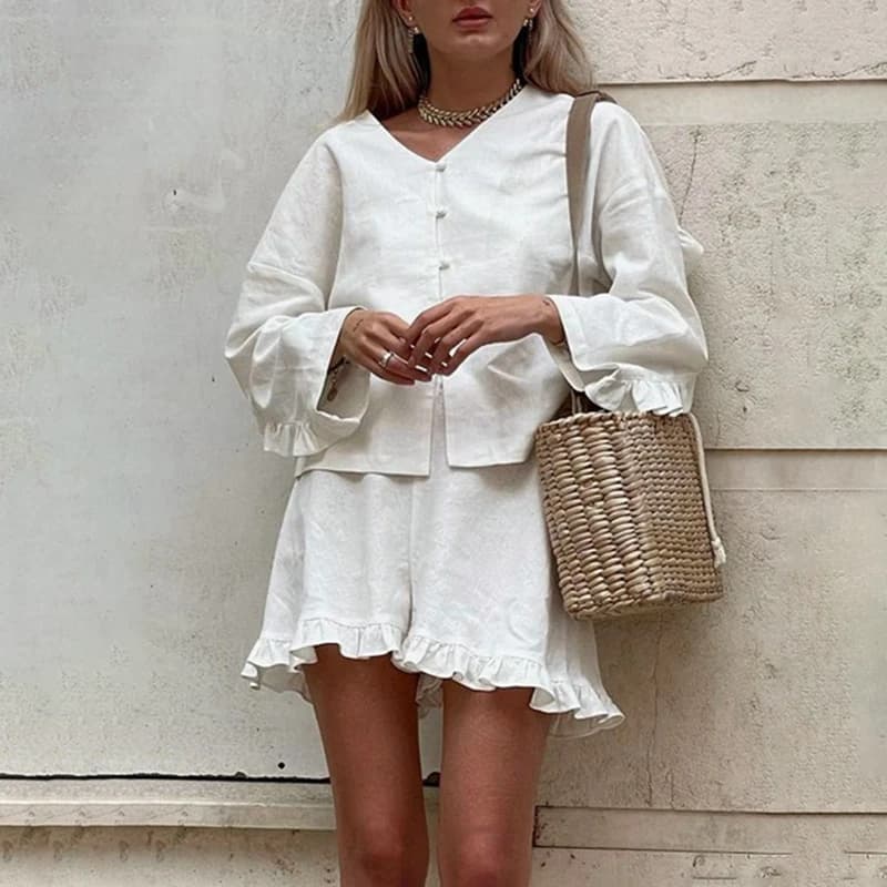 Tenue de salon vintage pour femme, chemise boutonnée à col en V, chemisier à manches longues, taille