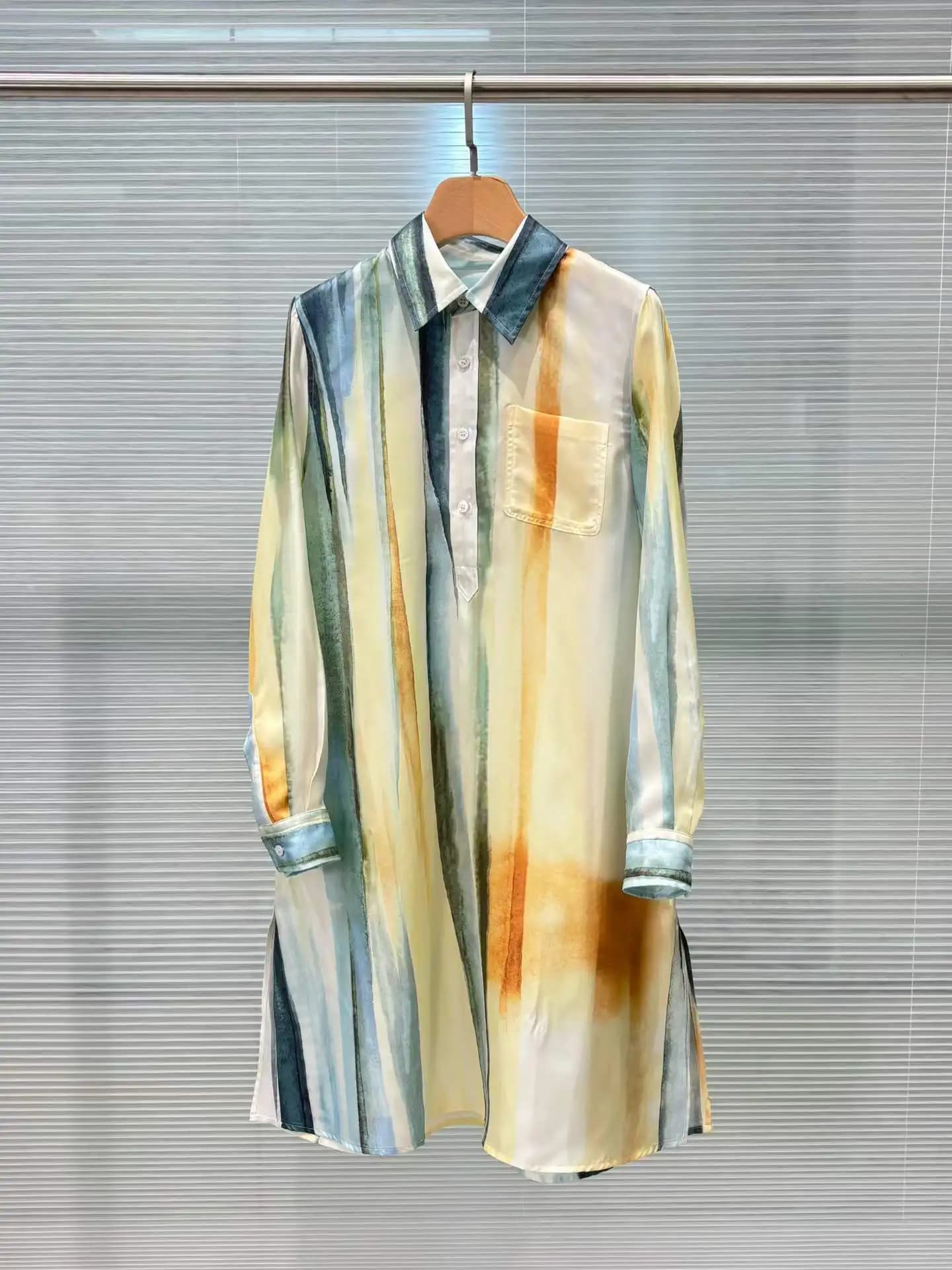 Robe chemise longue en soie à manches longues pour femme