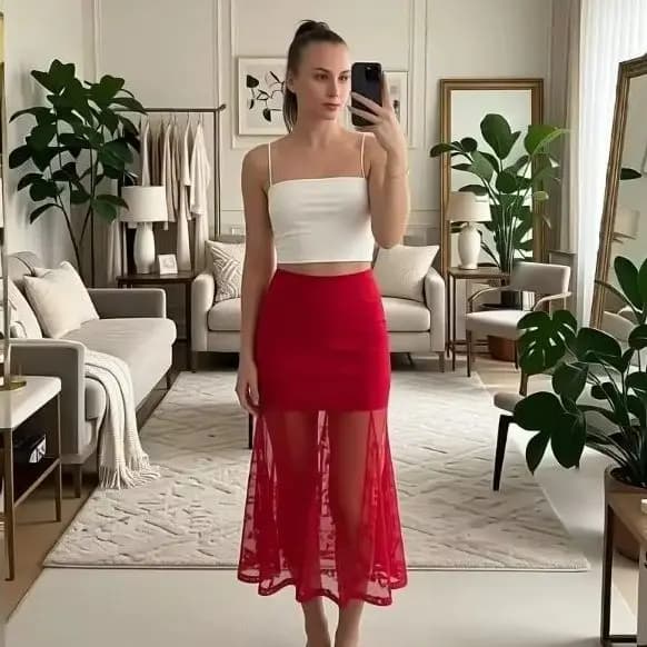 Jupe midi en satin rouge pour femme, taille haute, moulante, sexy, transparente, avec superposition 