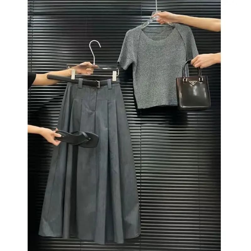 Jupe longue plissée à manches courtes pour femmes, mode coréenne, vêtements d'été, col carré, haut s