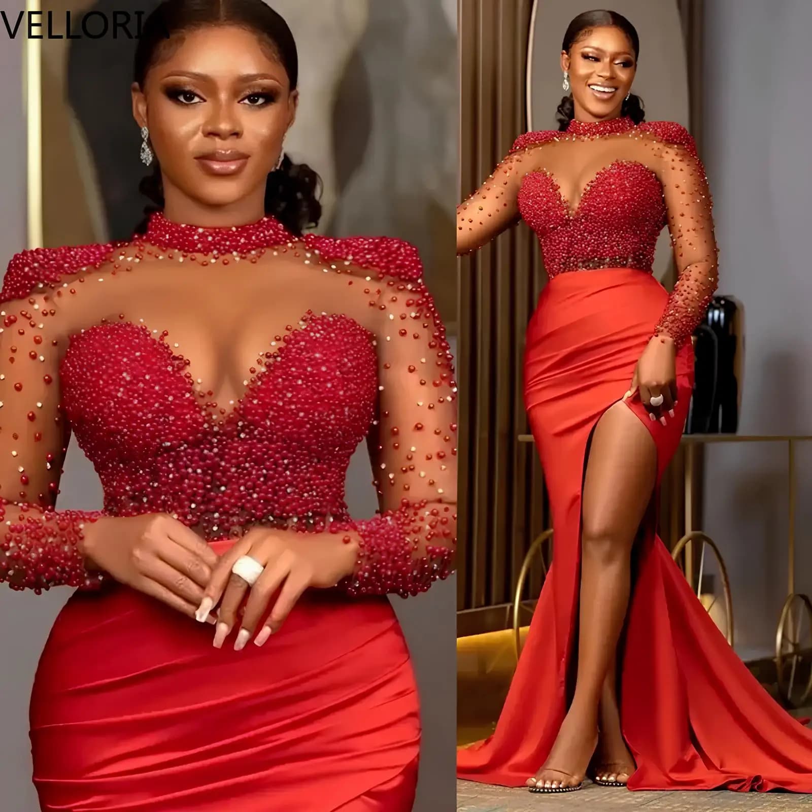 Robe de soirée en maille rouge strass, manches longues, Sexy, fente haute, perles, robe de bal forme