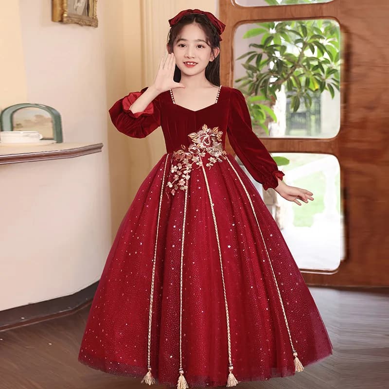 Robe de princesse rouge à manches longues pour filles, tenue de récital de piano, robe de demoiselle