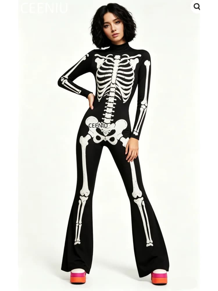 Costume de la Journée des Morts pour femme, combinaison évasée imprimée squelette coloré et fleurs, 