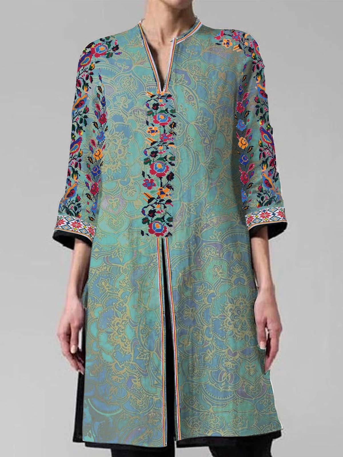 Chemises mandarines Vintage trois quarts imprimé fleuri chemise grande taille pour femmes col cranté