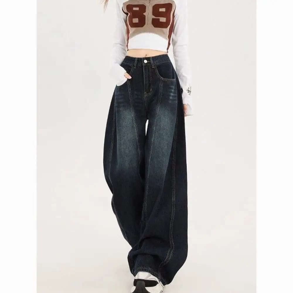 Jean large brodé rétro américain pour femme, taille mi-haute, coupe ample, longueur au sol, style ur