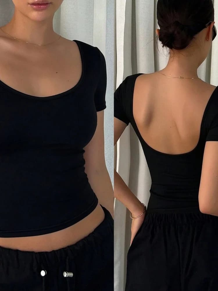 T-shirt dos nu pour femmes, col en U, couleur unie, sexy, manches courtes, crop top, streetwear, vêt