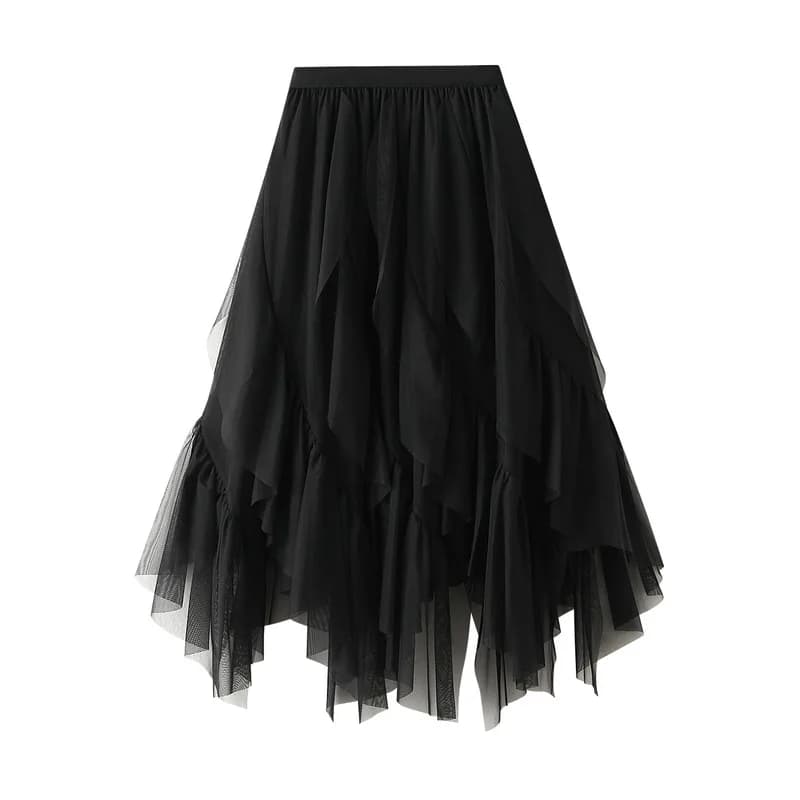 Jupe longue en tulle froncé pour femme, taille haute, coupe trapèze, style coréen, effet froissé