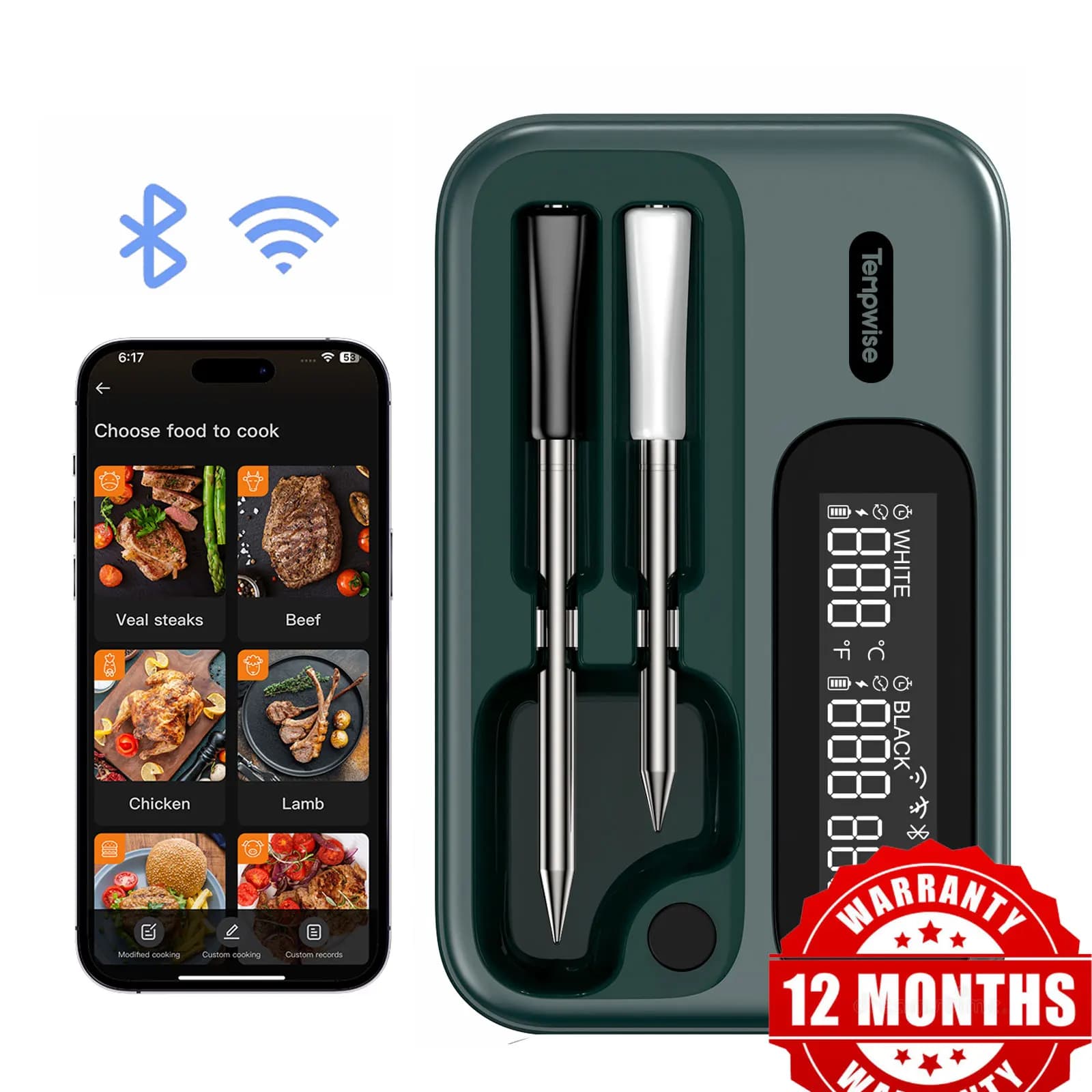 Thermomètre intelligent pour viande de bœuf, sans fil, Bluetooth, pour barbecue, avec sondes longues