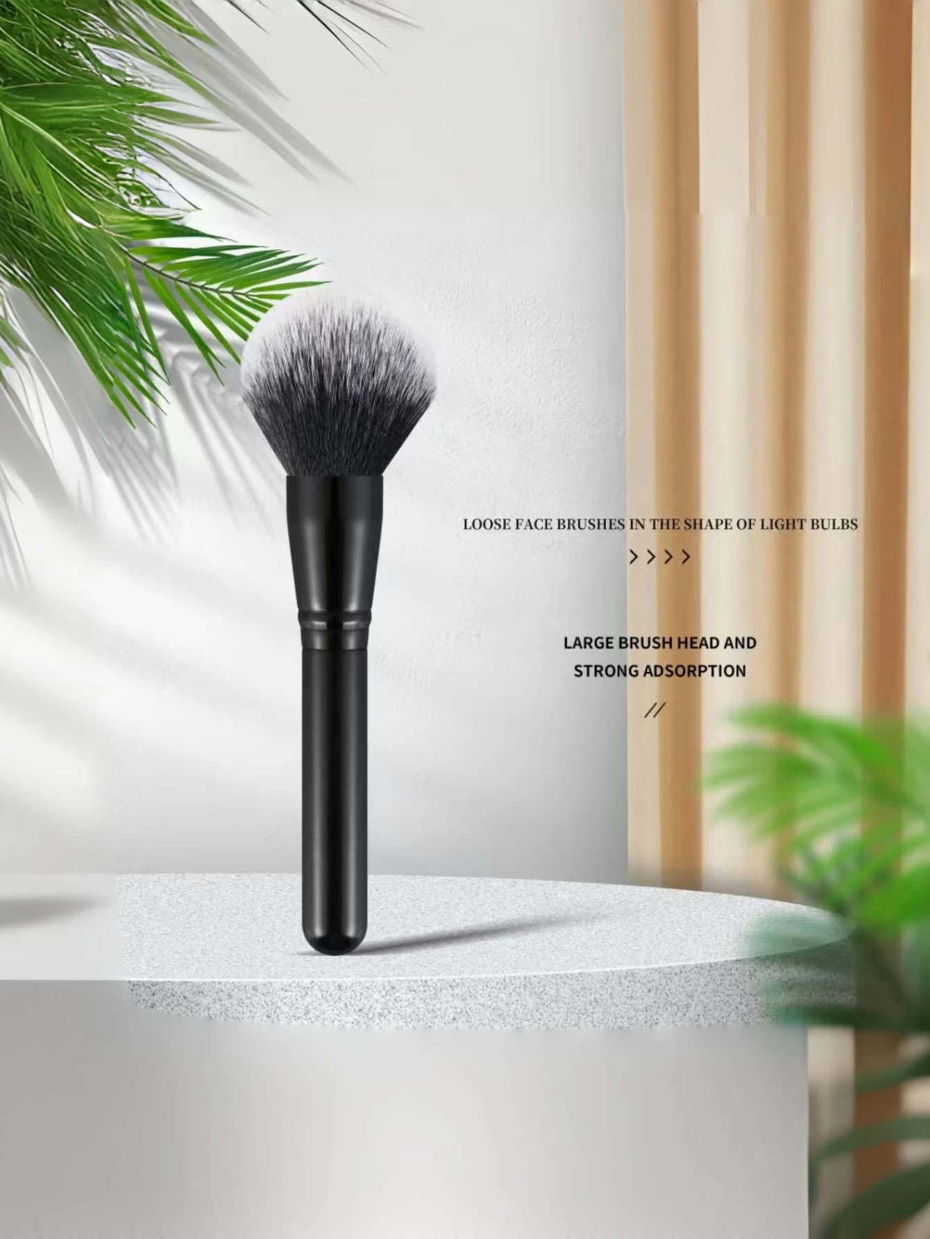 1 grand pinceau de maquillage noir pour poudre libre, avec manche noir et tête blanche, à poils doux