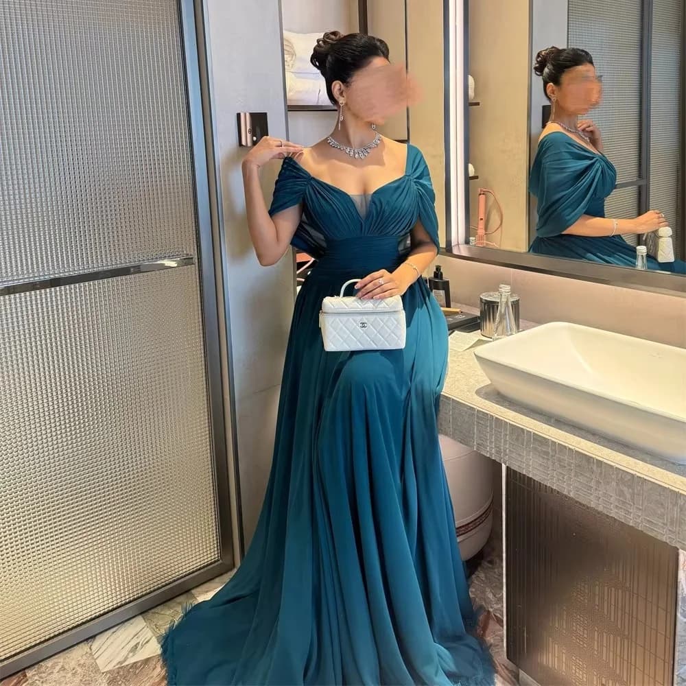 Robe de soirée longue en mousseline de soie bleu sarcelle sur mesure pour occasions spéciales, robes