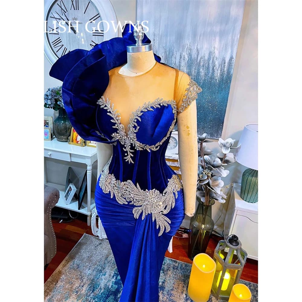 Robe de Soirée Longue et Luxueuse à Volants Bleu Royal, Tenue de Bal Personnalisée avec Perles, pour