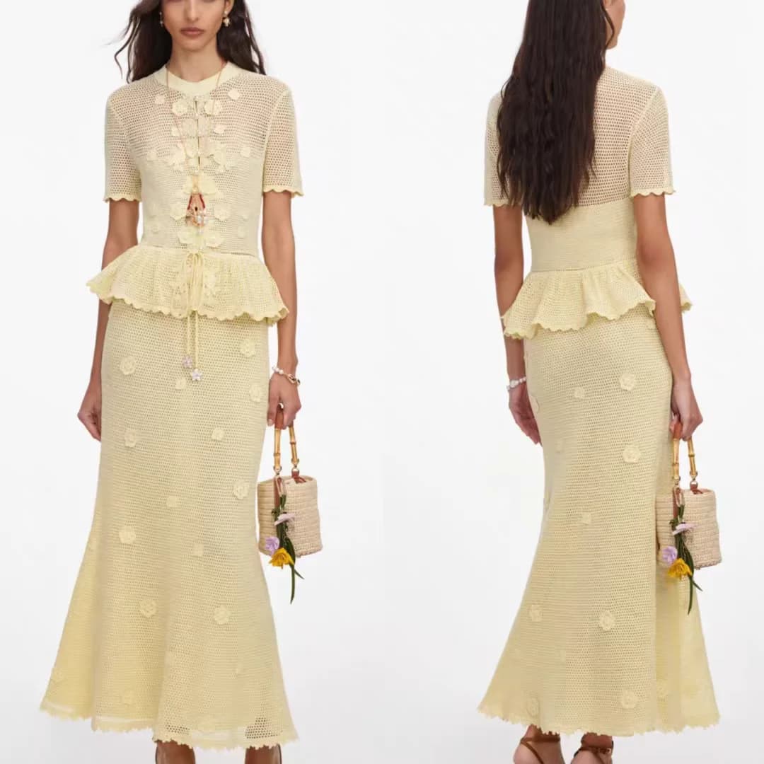 Robe longue en crochet à fleurs pour femmes, tricot ajouré, taille haute, col rond, manches courtes,
