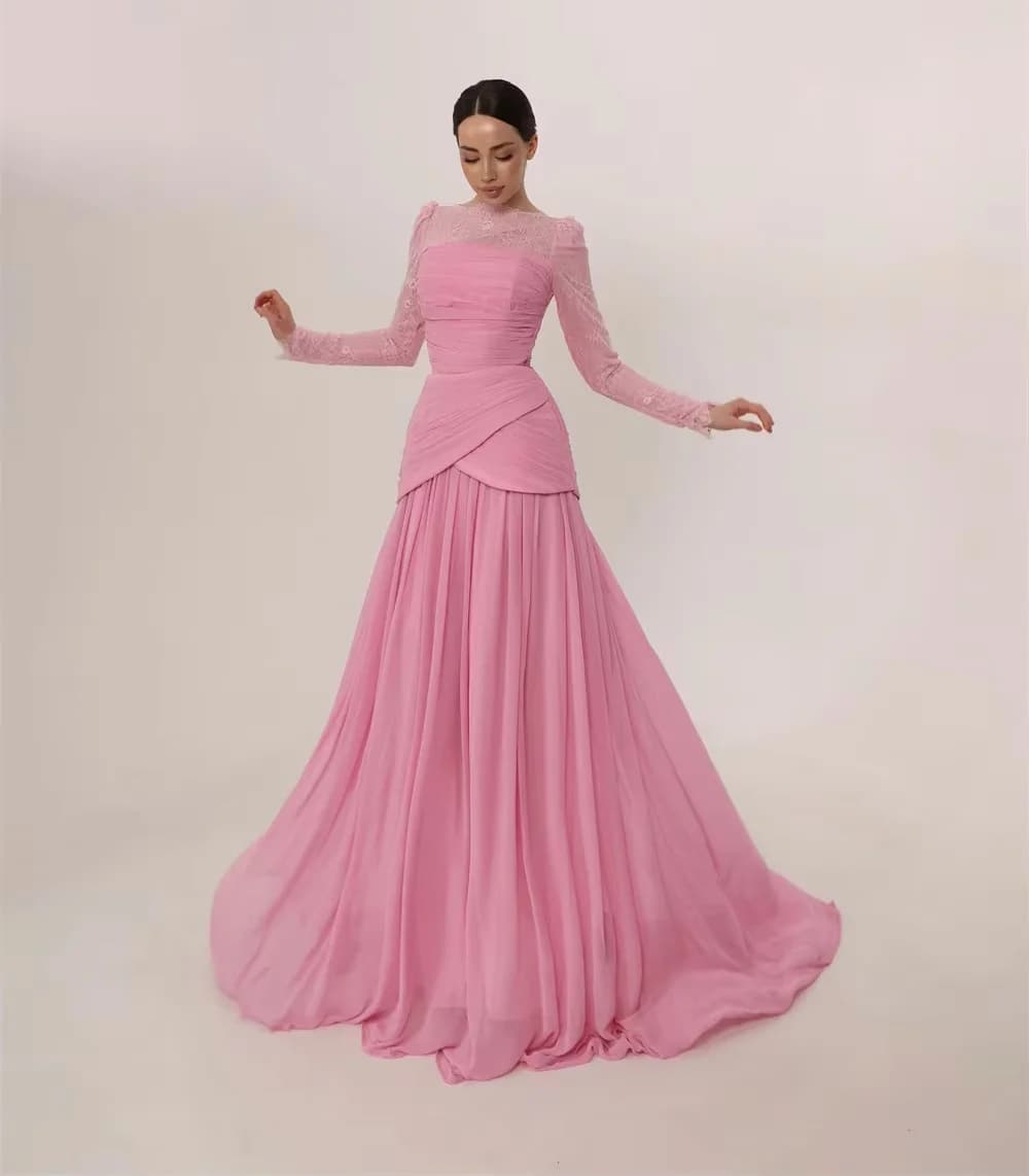 Robe de soirée sur mesure en mousseline rose à manches longues, style rétro, pour occasions spéciale