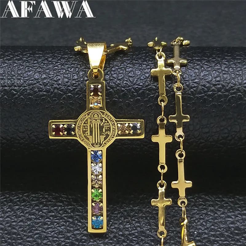 Jésus croix benoît médaille pendentif collier femmes hommes en acier inoxydable couleur or chaîne bi