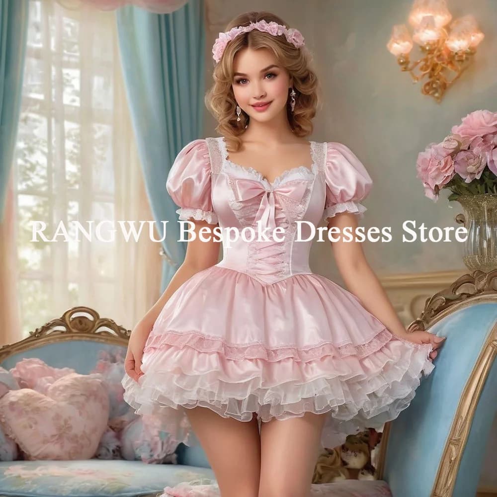 Robe de bal courte rose Cosplay, avec manches bouffantes à plusieurs niveaux, Mini robe de soirée co