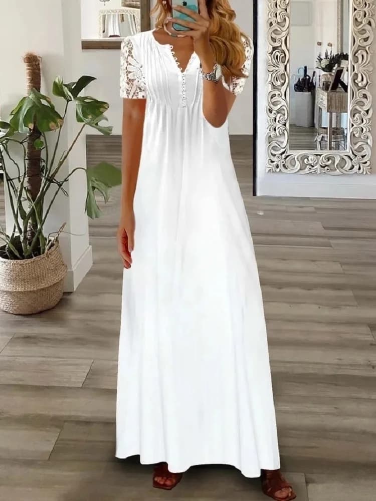 Robes Maxi florales élégantes pour femmes décontracté col en V court décontracté dentelle Patchwork 