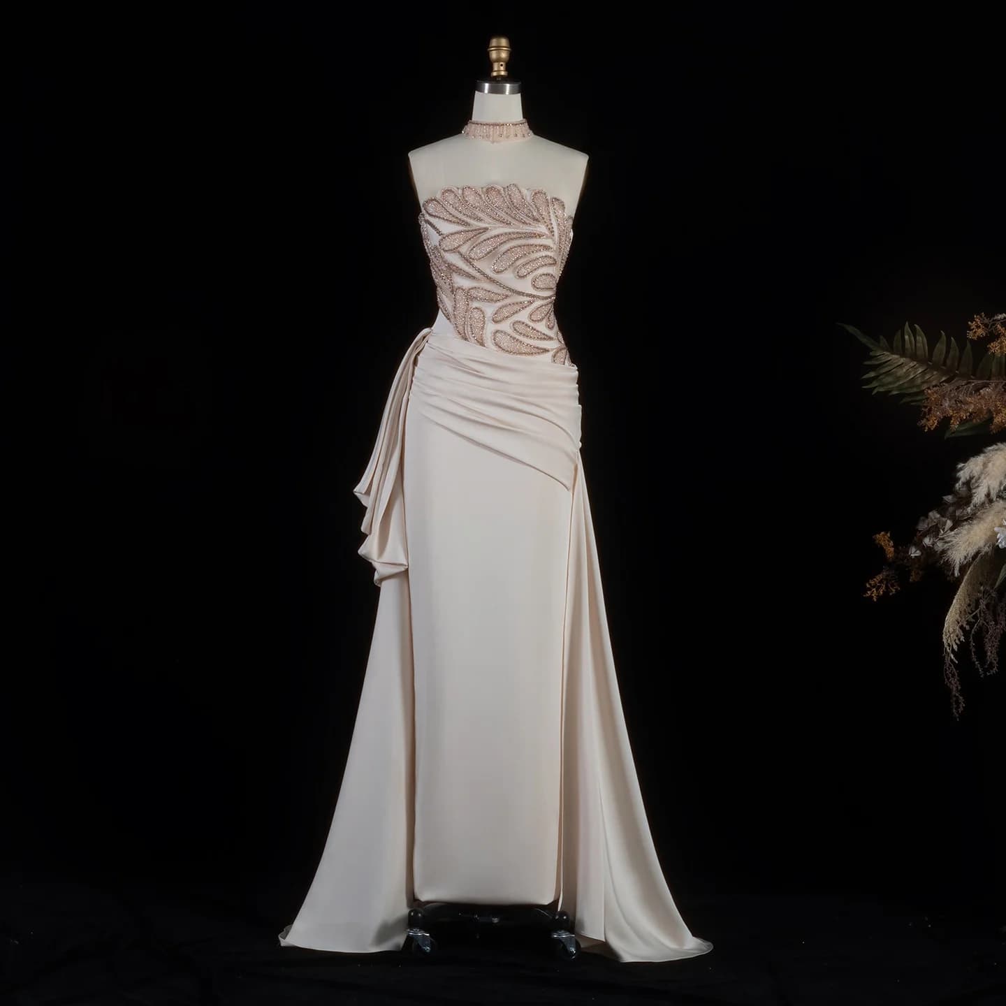 Robe de soirée longue perlée de luxe Sharon Said avec jupon plissé et col montant pour femme, robes 
