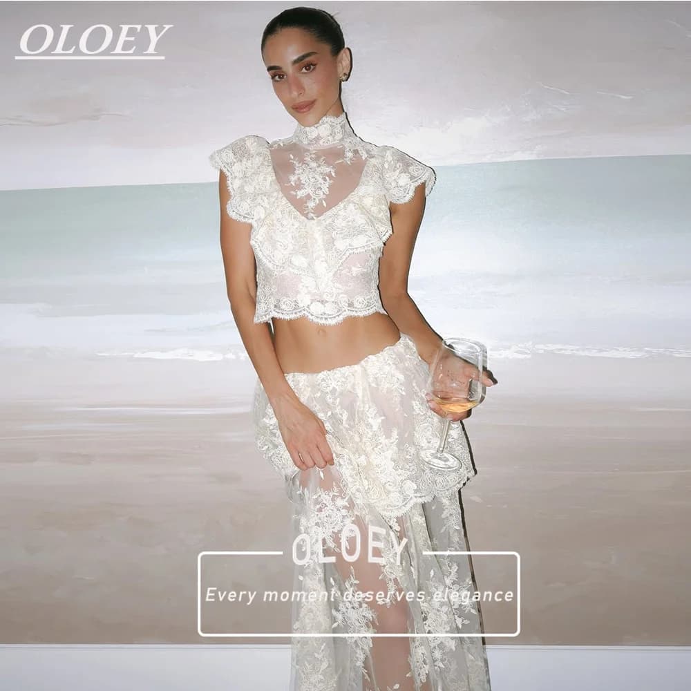 Robe de mariée sexy en dentelle OLOEY, 2 pièces, haut à col montant avec jupe longue évasée, robe de