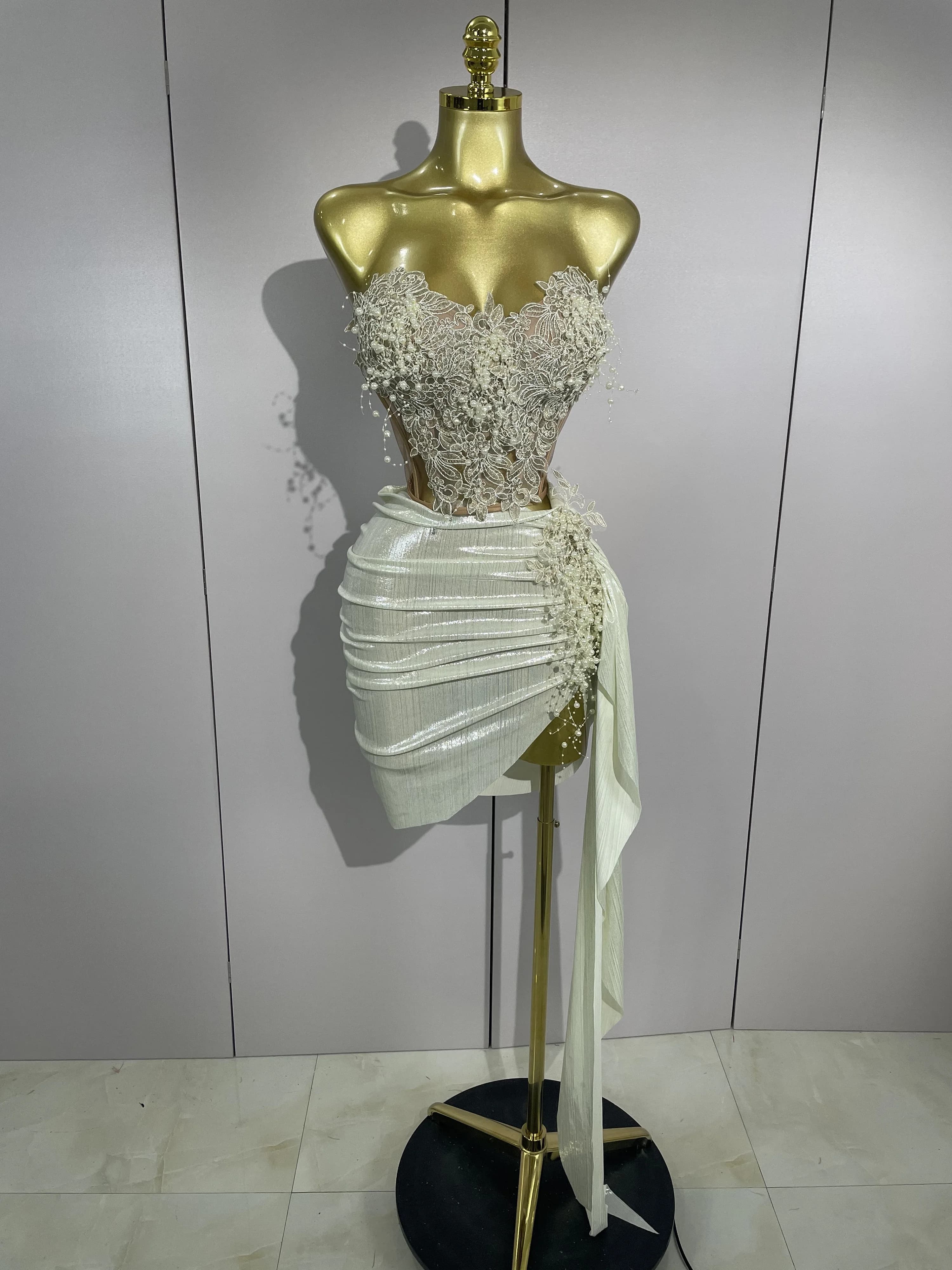 STOCK luxe perles brillantes Sexy jupe asymétrique 2 pièces ensemble 2025 femmes soirée fête d'anniv