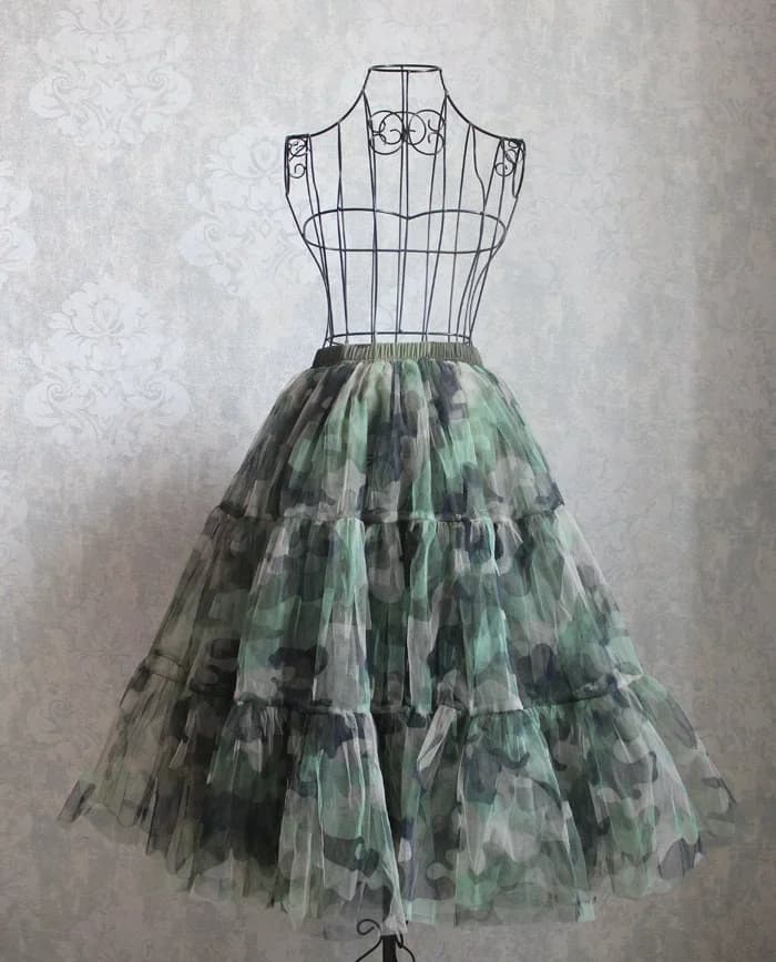 Jupe longue camouflage A-Line en tulle de style coréen, vert, ceinture élastique, multicouche, longu