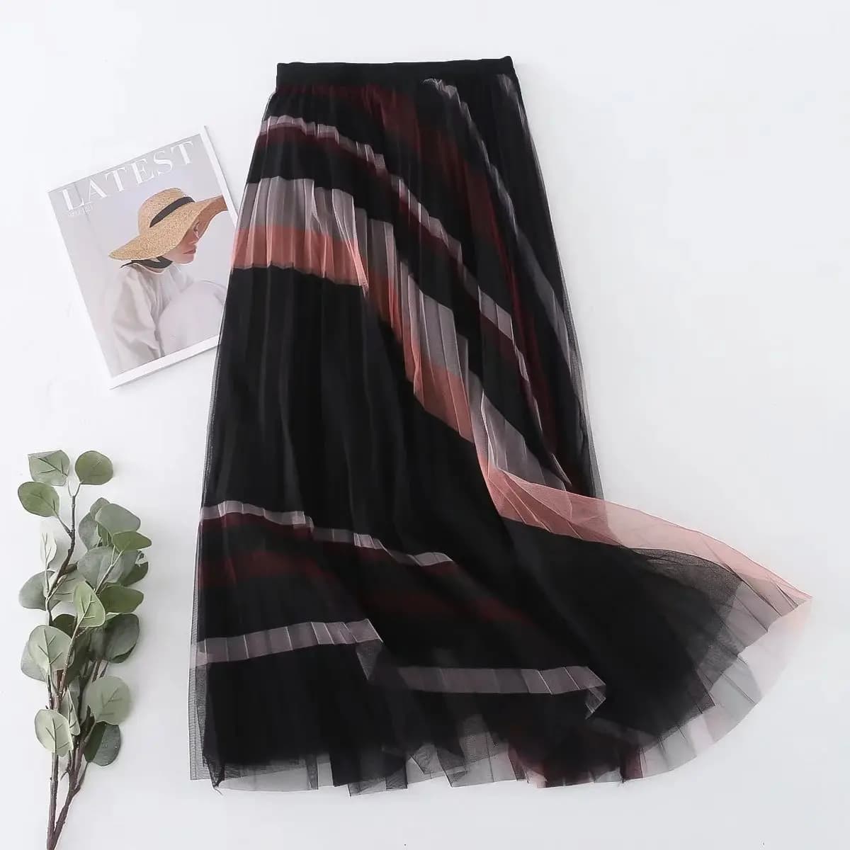 Jupe plissée à rayures et imprimé Patchwork, mode coréenne, élégante, taille haute, en Tulle, élasti