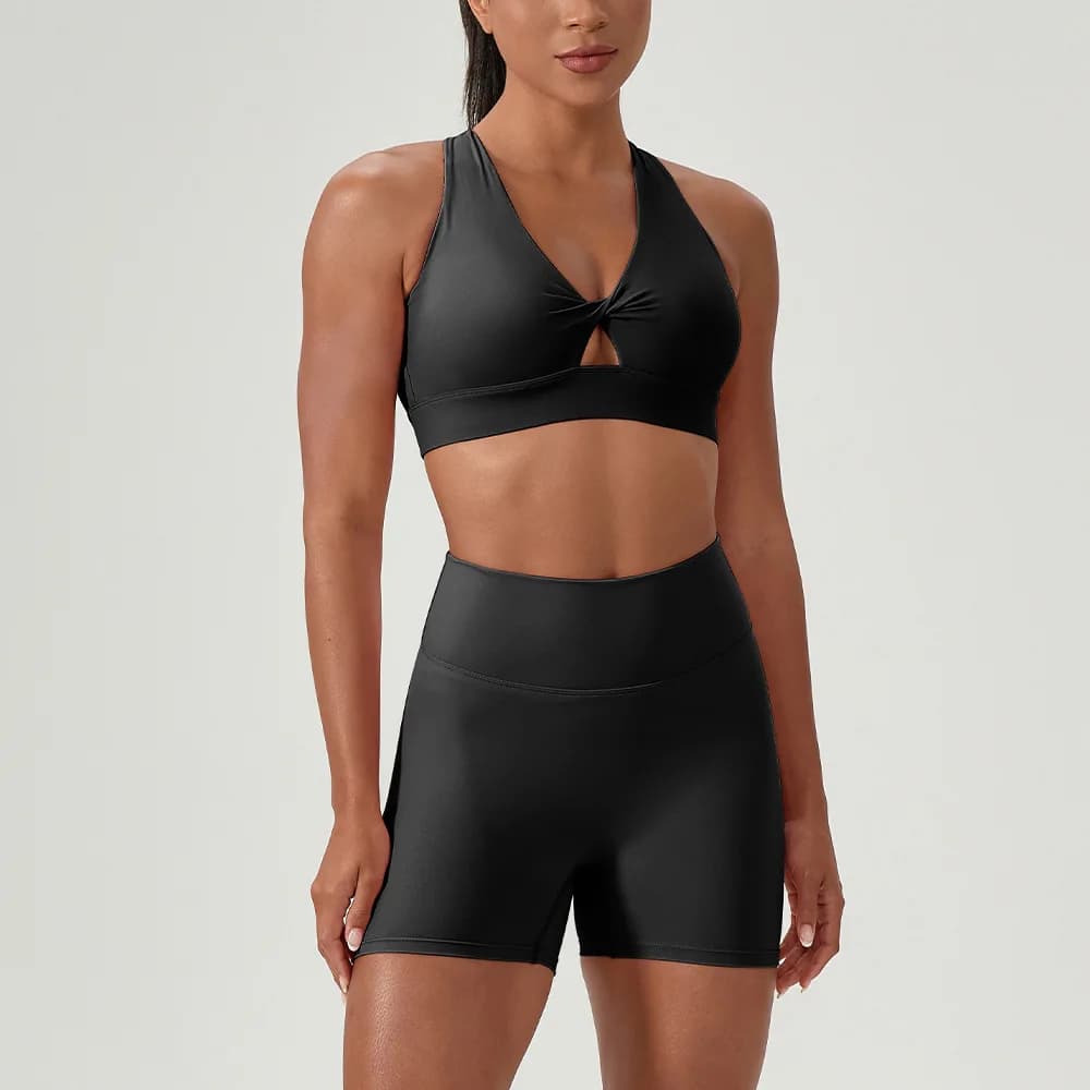 Ensemble de yoga nude : Soutien-gorge de sport torsadé sexy et pantalon taille haute moulant effet f