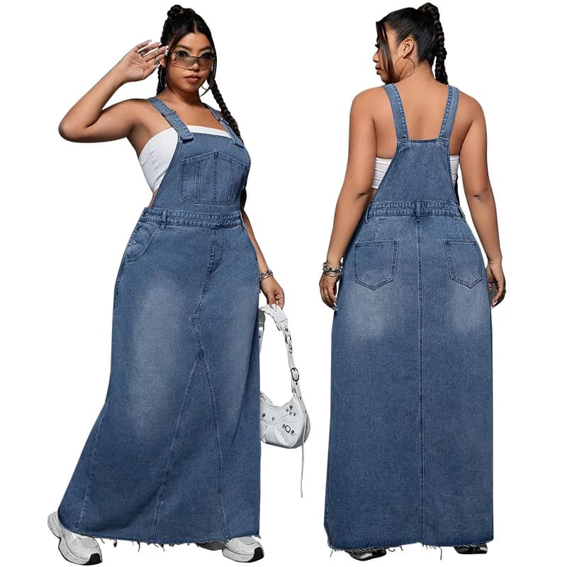 Robe Salopette en Jean pour Femme, Coupe Ample, Unie, avec Poches, Sans Manches, Longueur Cheville, 