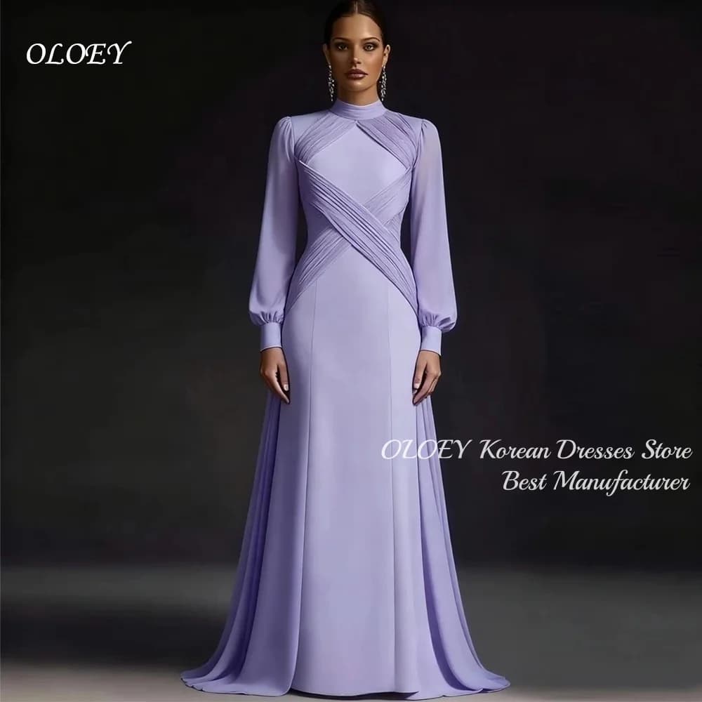 OLOEY Robe de soirée sophistiquée lavande à col montant, manches longues, corsage drapé, plissée, lo