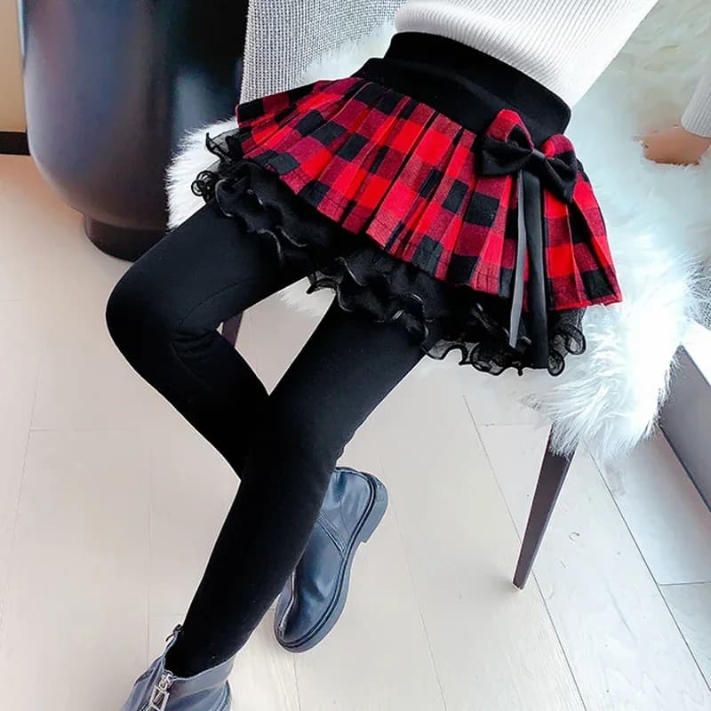 FJCulotte-Leggings d'hiver à carreaux pour filles, pantalons skinny pour enfants, jupe épaisse et ch
