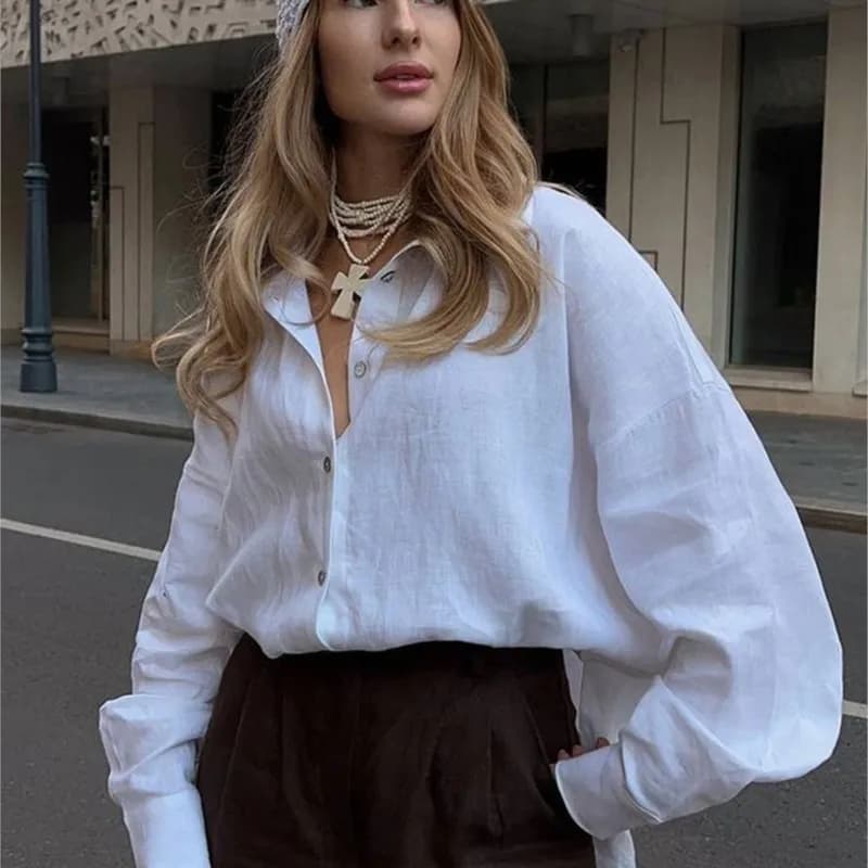 Chemise blanche en lin pour femmes, manches longues, élégante, rose, ample, mode, été, Vintage, basi