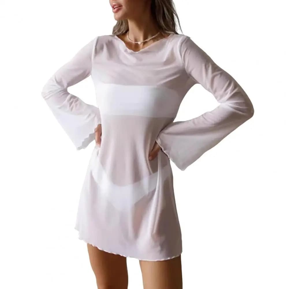 Robe de plage en maille transparente pour femmes, Cover-Up pour les maillots de bain, col rond, manc