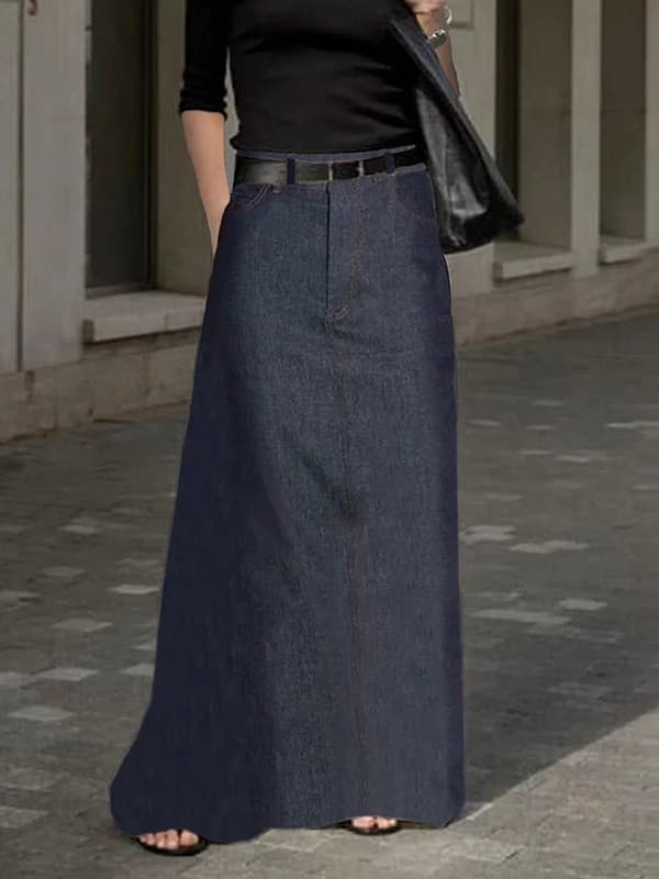 Lemongor femme élégant Imitation Denim a-ligne taille haute jupes longues 2024 nouveau printemps été