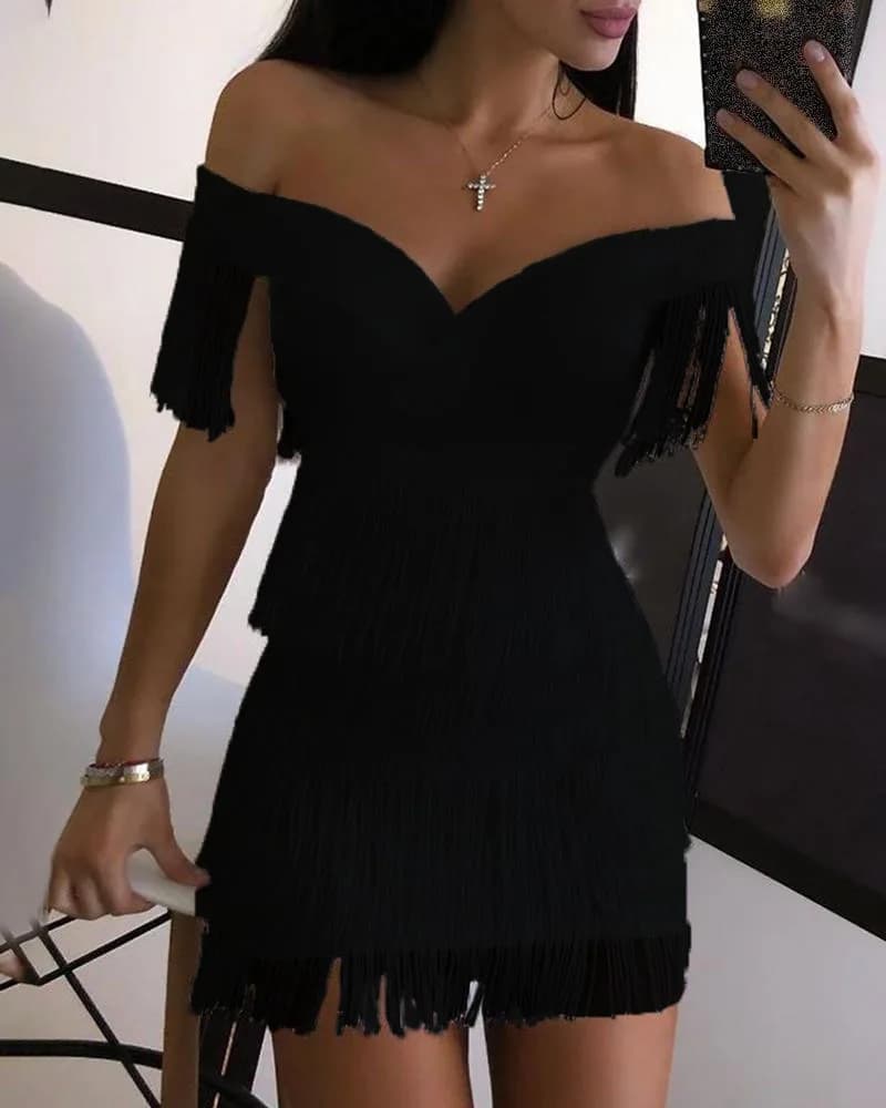 Robe de soirée sexy à col en V pour femmes, jupe à franges à une épaule, robe de tempérament pour da