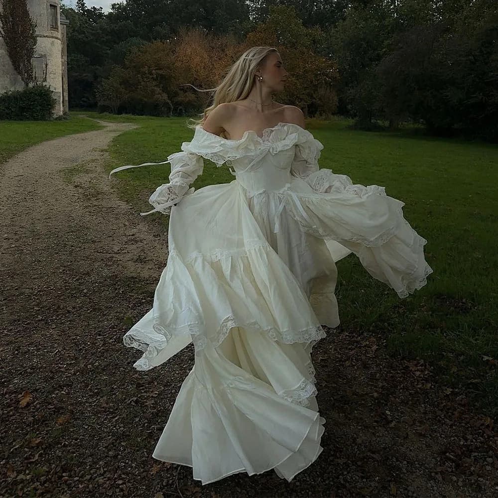 Robe de mariée princesse drapée à manches longues, épaules dénudées, ligne A, longueur au sol, robe 