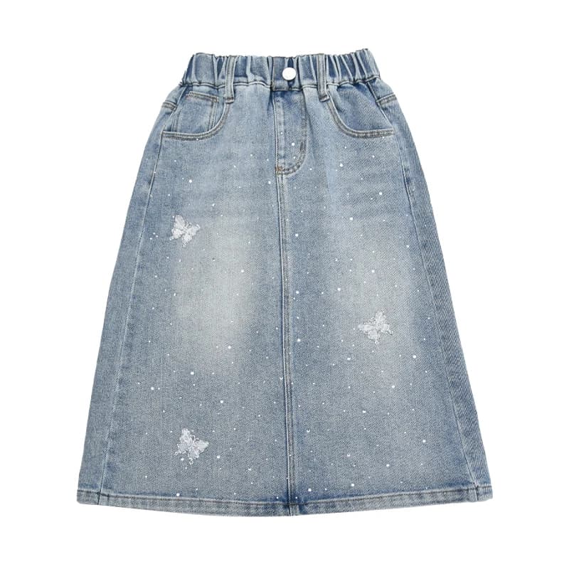 Jupe longue en jean tendance pour enfants avec strass, motif papillon, pour jeunes filles, âges 5-14