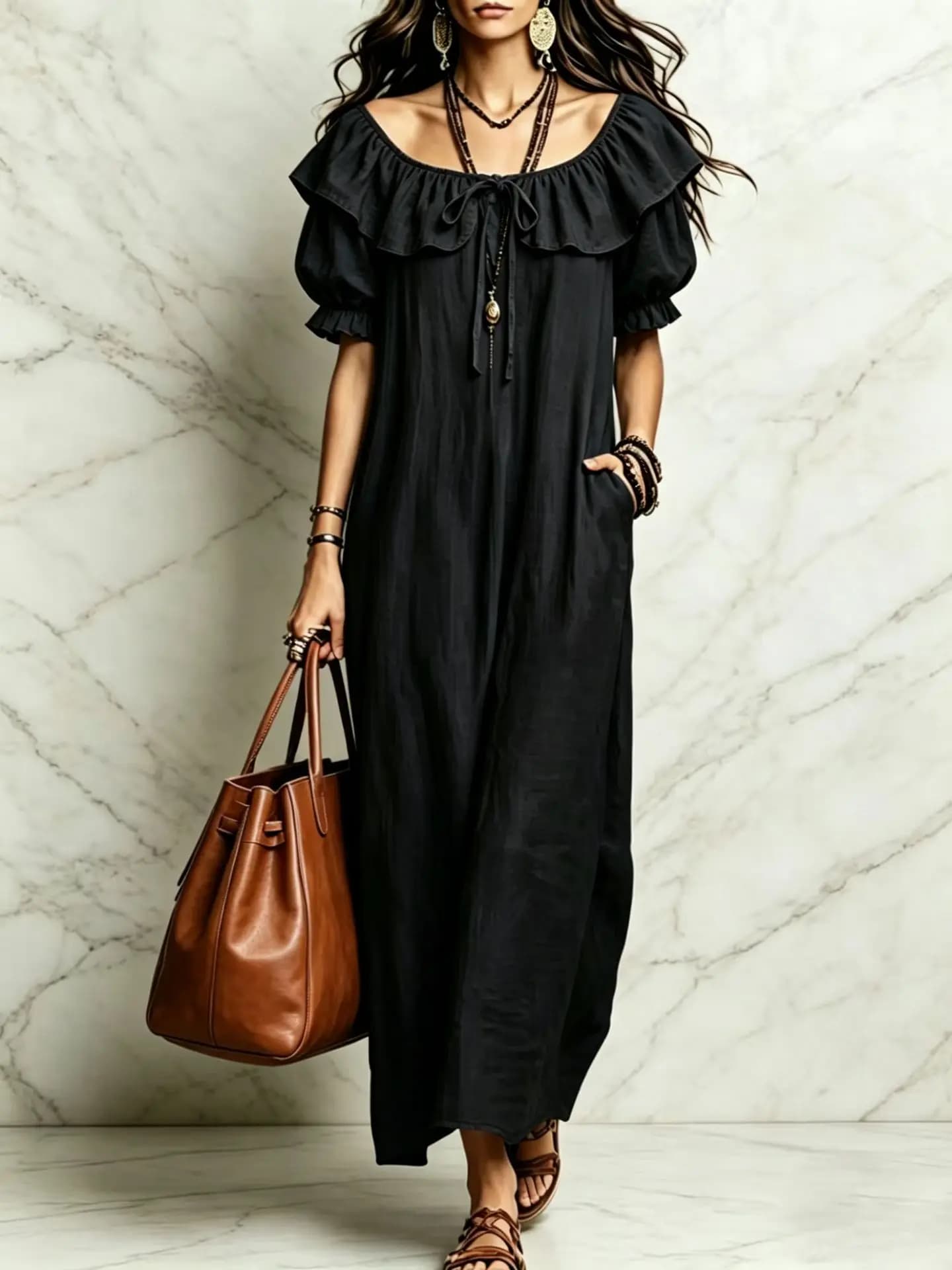 Robe longue femme Y2K Streetwear col rond sans manches à volants décontractée élégante patchwork pou