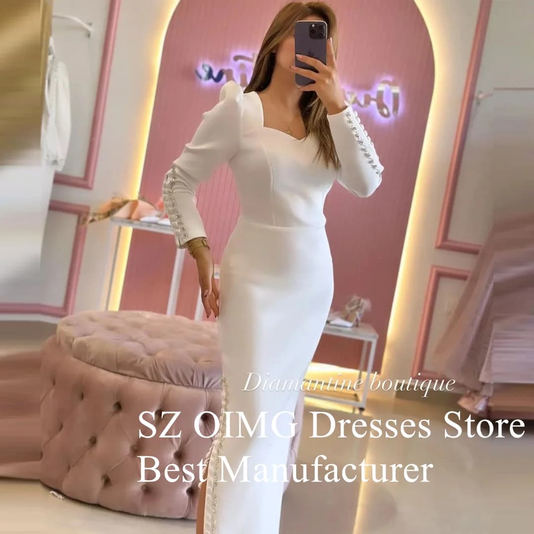 OIMG-Robe de Bal en Satin Froncé avec Strass Blancs, Manches sulf, Style Arabe, Sirène Élégante, Que