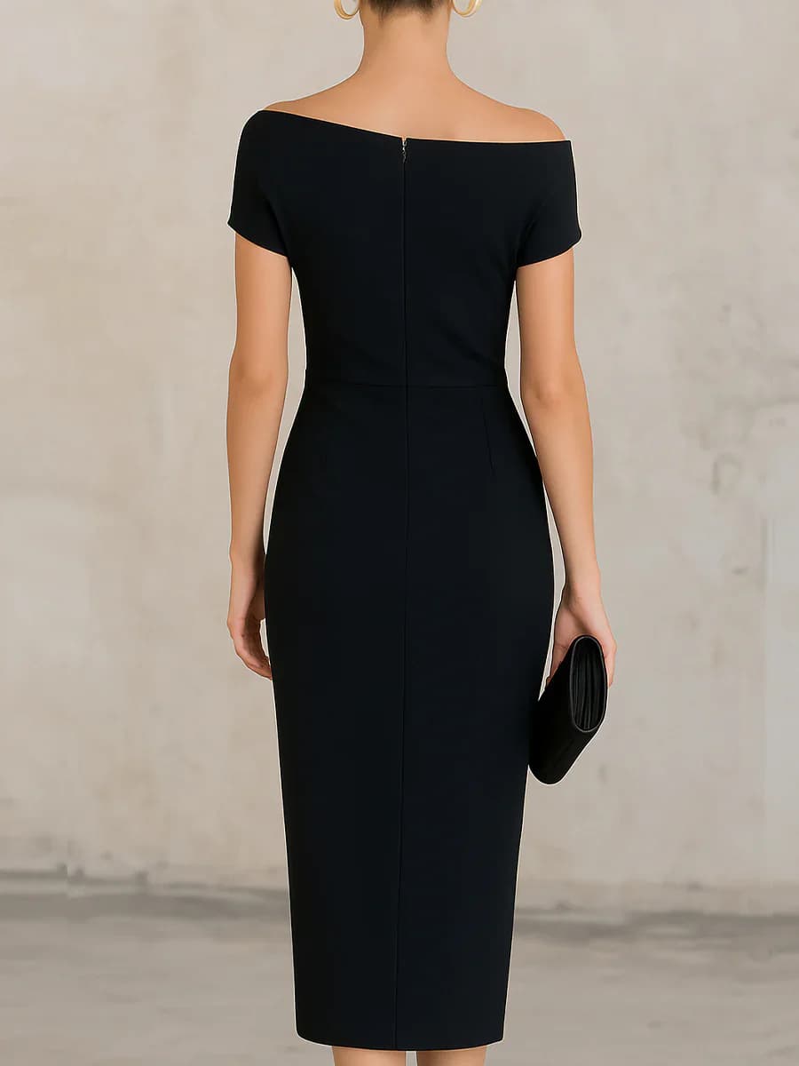 Robe midi asymétrique à épaules dénudées pour femme, coupe moulante froncée sur le côté, élégante, i